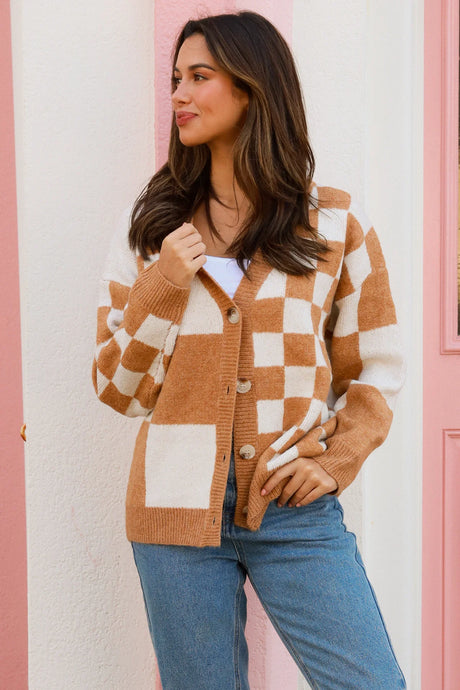 Checkers Cardigan - Tan